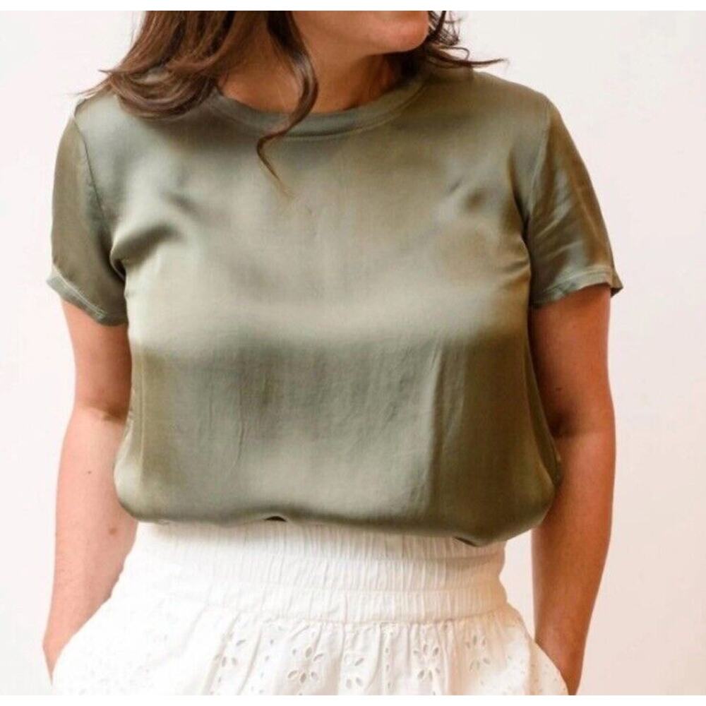 Nation LTD Marie Silky Satin T-shirt Sage Green Crewneck Short Sleeve Small j17